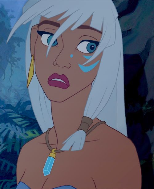 an animated woman with white hair and blue eyes