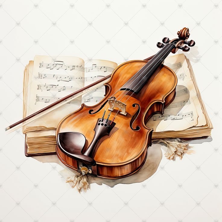 a drawing of a violin and music sheets