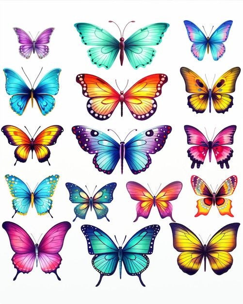 many different colored butterflies on a white background