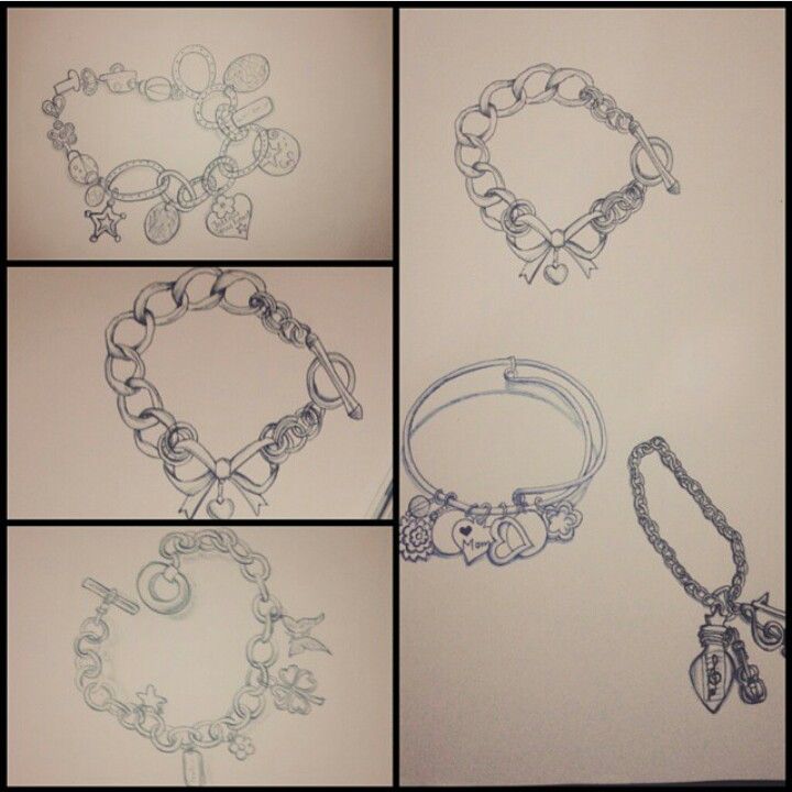 four pictures of different bracelets and rings on a sheet of paper with the same drawing