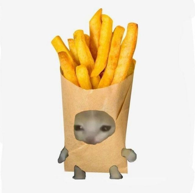 a bag full of french fries with a face drawn on the side and eyes painted to look like an alien