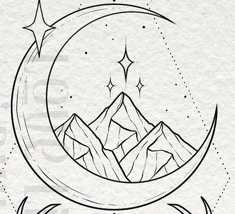 a crescent with mountains in the background and stars above it, on top of a white paper