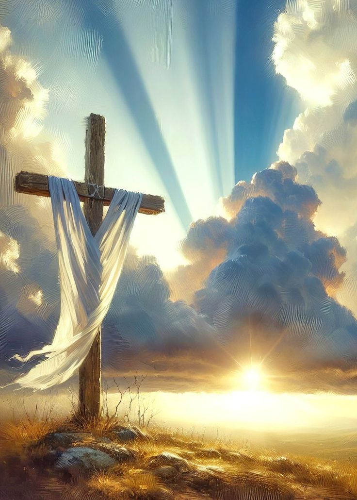 the cross is covered with white fabric as it stands in front of a cloudy sky