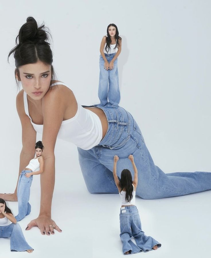 a woman in white shirt and jeans leaning over with her hands on the back of one leg