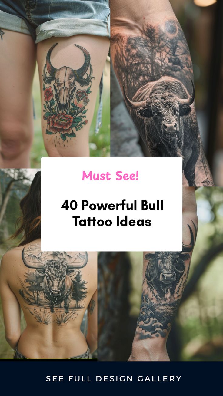 Explore 40 bold bull tattoo ideas showcasing strength, power, and resilience. The pin features 4 images with various designs including realistic bulls and floral inspirations. Tattoo Ideas Strength, Bull Tattoo Ideas, Bull And Matador, Bull Skull Tattoos, Men's Tattoos, Bull Tattoo, Masculine Tattoos, Create A Tattoo, Tattoo Concepts