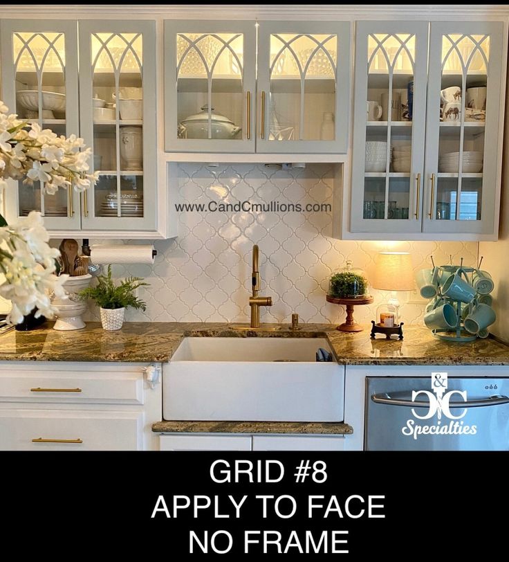 a kitchen with white cabinets and granite counter tops, has the words grid 8 apply to face no frame