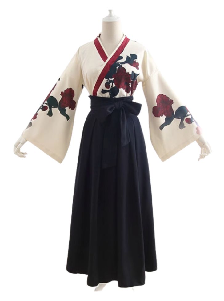 ❤Japanese Flower Print Kimono Shirt + Ribbon Hakama-Style Skirt❤ Japanese Clothing Style Women, Hakama Women, Short Kimono Outfit, Modern Japanese Clothing, Kimono Outfit Japanese, Red Kimono Outfit, Kimono Hakama, Japanese Kimono Dress, Japanese Costume