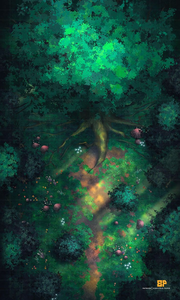 a painting of a tree in the middle of a forest with lots of green leaves