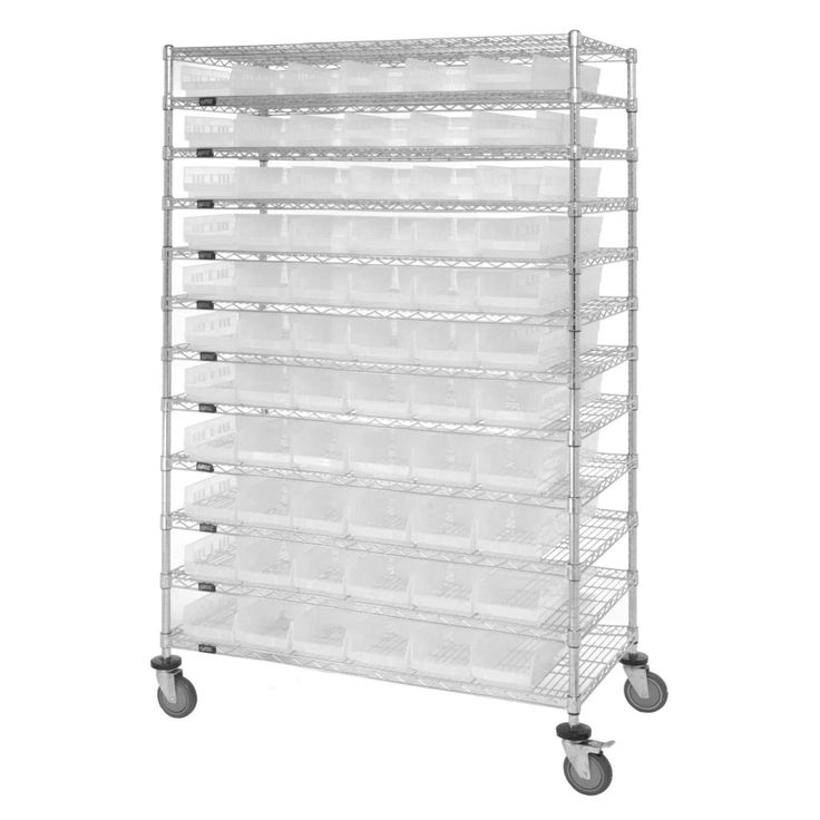 a white shelf with plastic bins on wheels