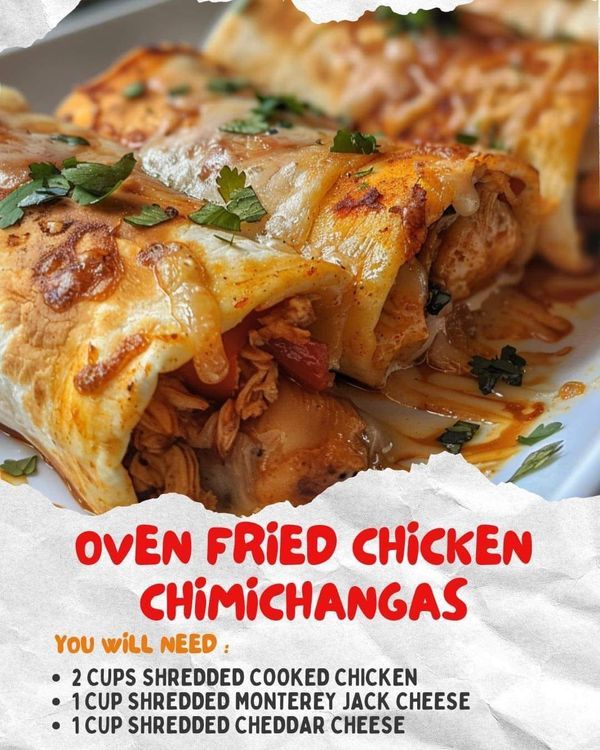 an advertisement for chicken enchiladas on a plate with the words oven fried chicken chimichangas