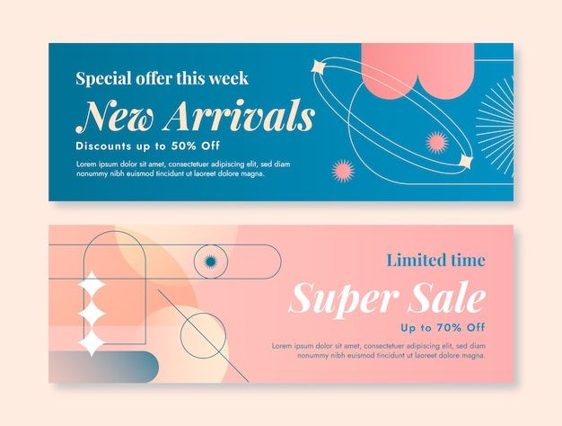 two colorful banners with space and stars on them for special offer this week, new arrivals to 50 % off