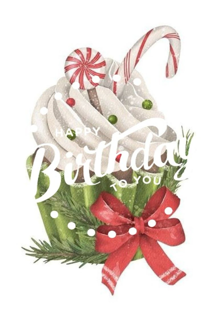 a cupcake with candy canes on it and the words happy birthday to you