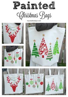 christmas bags with painted trees on them and the words, painted christmas bags written in different languages