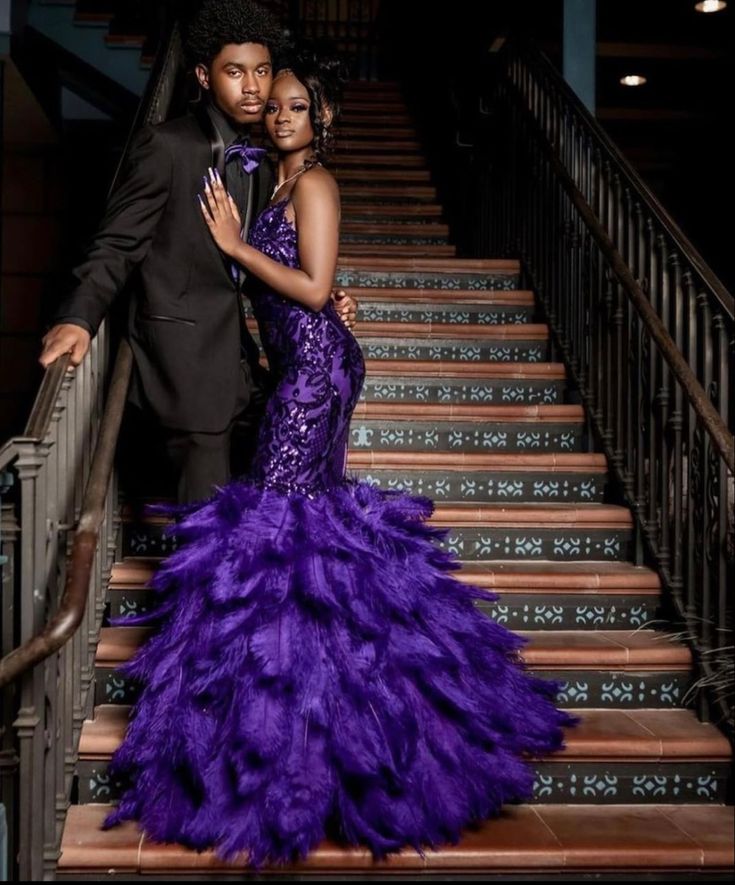 Purple Hoco Dresses Black Women, Purple Prom Looks Couple, Purple Prom Dress Black Couple, Prom Picture Poses Black Women, Purple And Black Prom Couple, Dark Purple Prom Couple, Black And Purple Prom Dress, Purple Prom Couple, Prom Black Couples