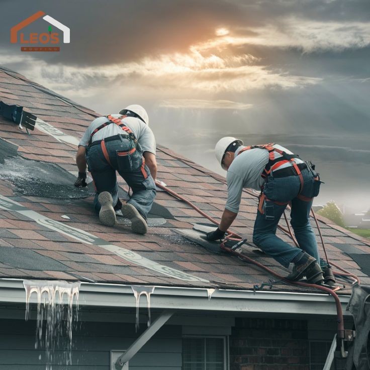 two men working on the roof of a house