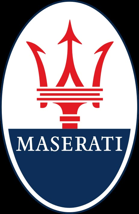 the maserati logo is on a white brick wall with blue and red accents