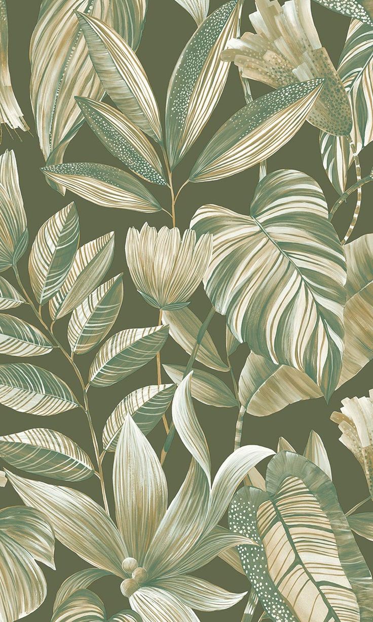 a green and white wallpaper with lots of leaves