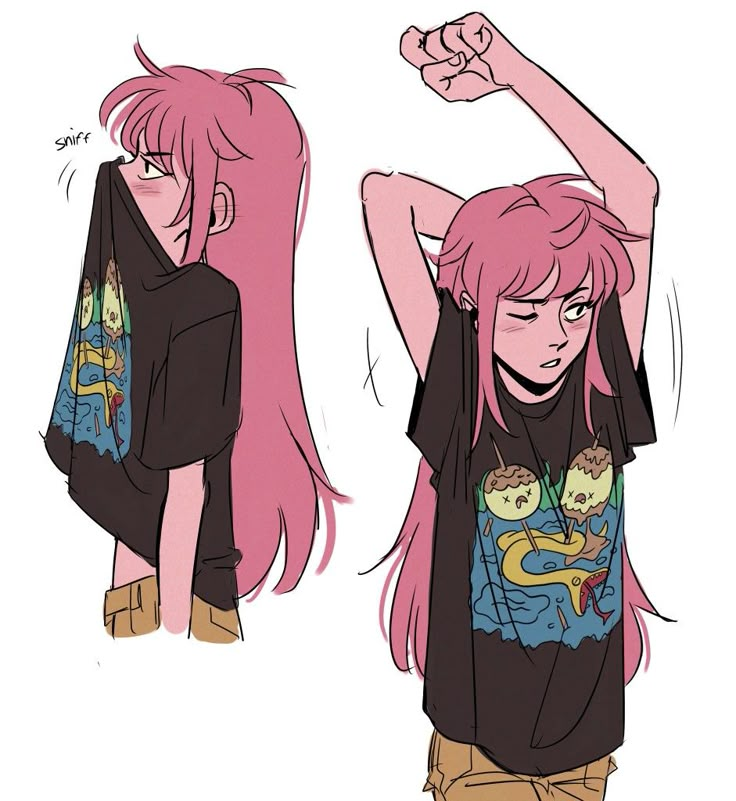 an anime character with pink hair wearing a t - shirt