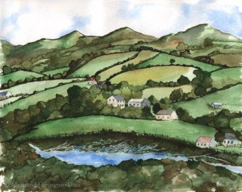 a watercolor painting of green hills with houses on the hillside and a river running through them