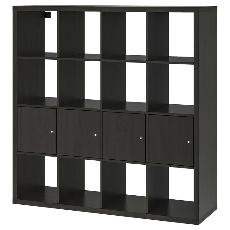 a black bookcase with six compartments and four doors