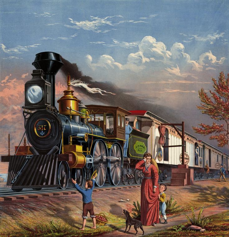 a painting of a train on the tracks with people around it and a dog standing next to it