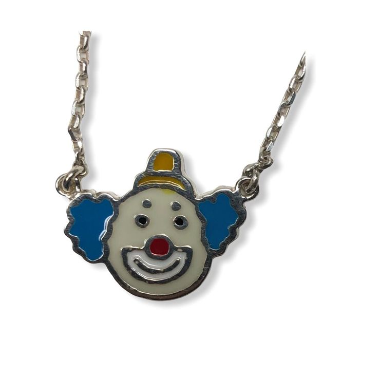 Hi This is a hand made clown  .925 silver necklace with enamel. The chain is 16 inches long, rolo diamond cut, 1.5 mm wide. Silver 925 Necklace, Diamond Cut, Diamond Cuts, 925 Silver, Hand Made, Silver Necklace, Enamel Pins, Jewelry Necklaces, Angeles