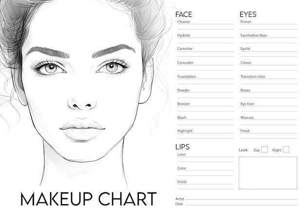 Free PSD makeup face chart with hand dra... | Free Psd #Freepik #freepsd Makeup Face Charts Blank Printable, Makeup Artist Face Chart, Makeup Diagram Face, Make Up Face Chart, Face Chart Makeup Ideas, Gesicht Mapping, Makeup Artist Business Cards Design, Freelance Makeup Artist Business, Makeup Chart