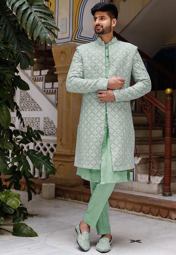 Pent Cort Wedding, Designer Long Sleeve Pista Green Sherwani, Eid Anarkali Sherwani With Resham Embroidery, Anarkali Sherwani With Resham Embroidery For Eid, Front Open Kurta For Wedding And Eid, Designer Wear Front Open Kurta For Eid, Pista Green Long Sleeve Sherwani For Eid, Designer Front Open Kurta For Eid, Festive Long-sleeved Pista Green Sherwani