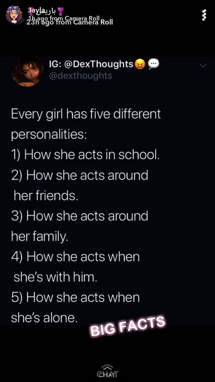 a text message that reads,'every girl has five different personalitys 1 how she acts