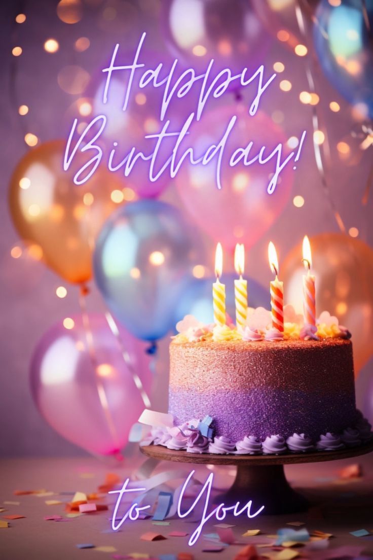 a birthday cake with lit candles and balloons in the background