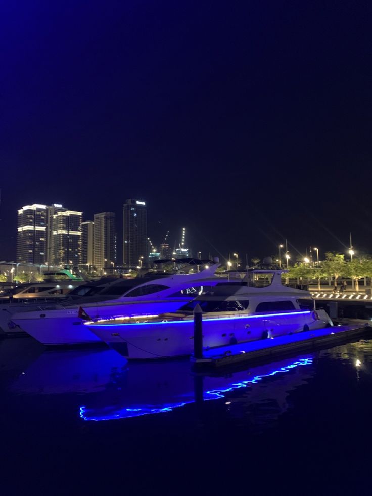 several boats are docked in the water at night with city lights behind them and buildings lit up