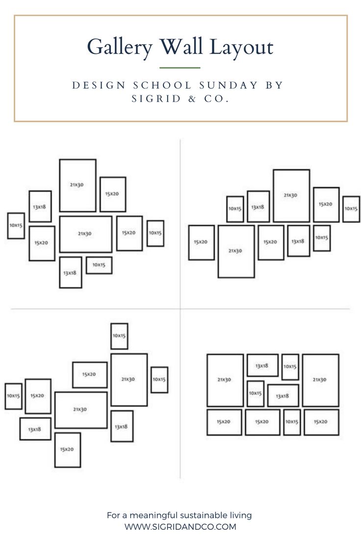 the gallery wall layout for design school sunday by sigurd & co, featuring four squares