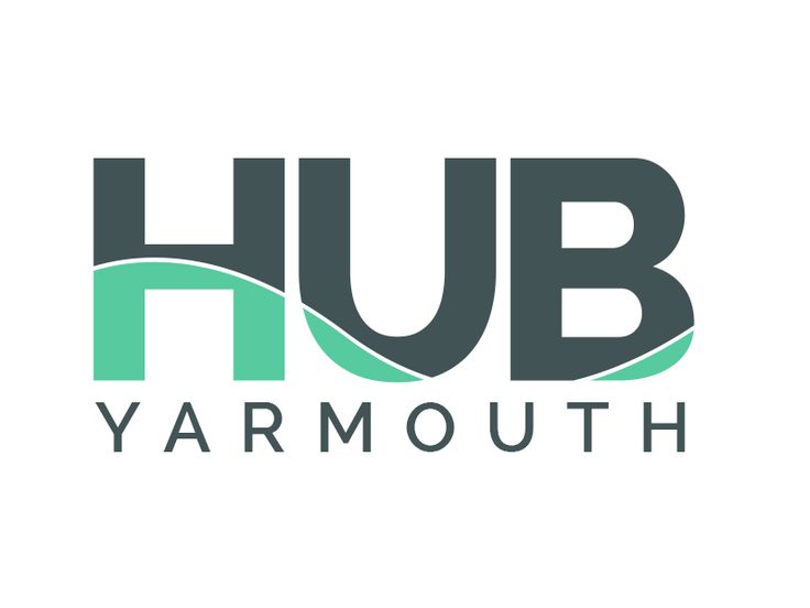 the hub yarmouth logo is shown in green and gray colors on a white background