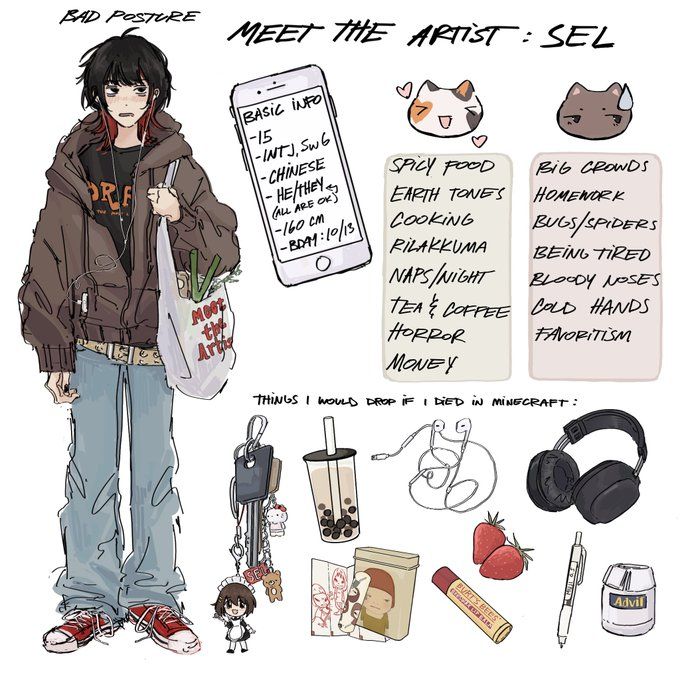 a drawing of a person with headphones and other items