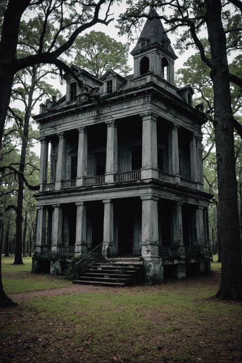 an old house in the woods with stairs leading up to it's second story