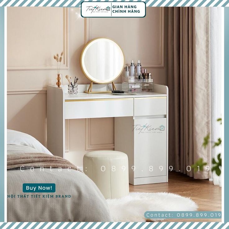 a white vanity table with a mirror and stool