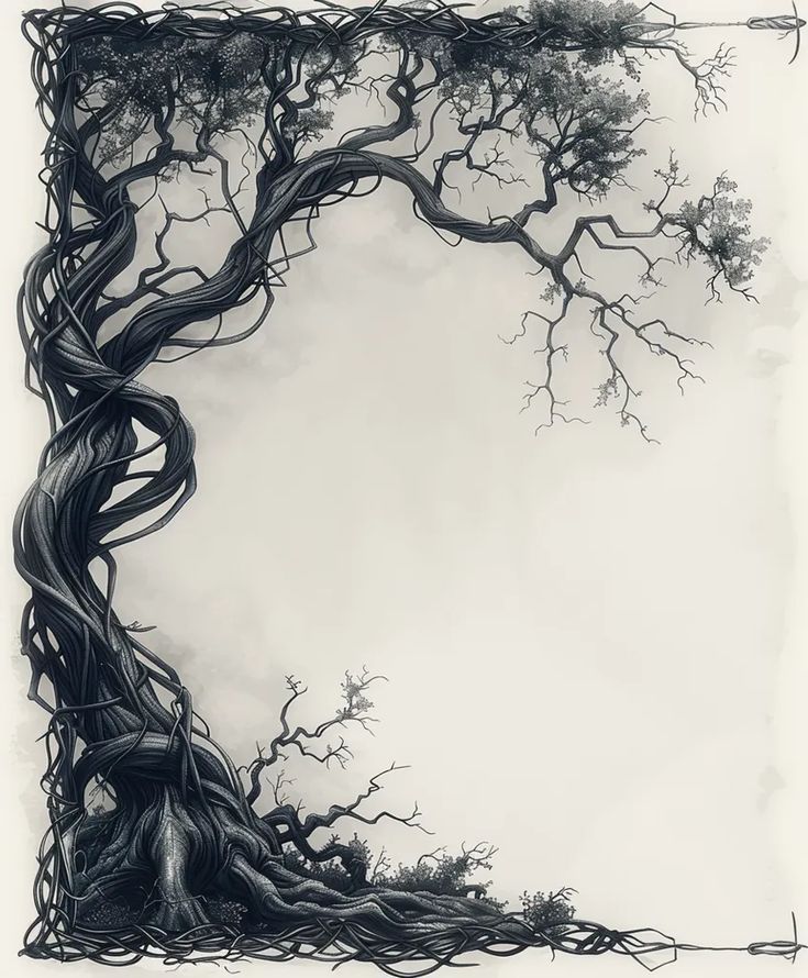 a drawing of a tree with twisted branches