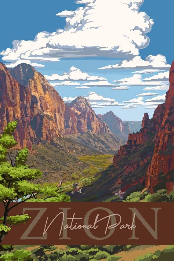 a painting of mountains and trees with the words national park written in front of them