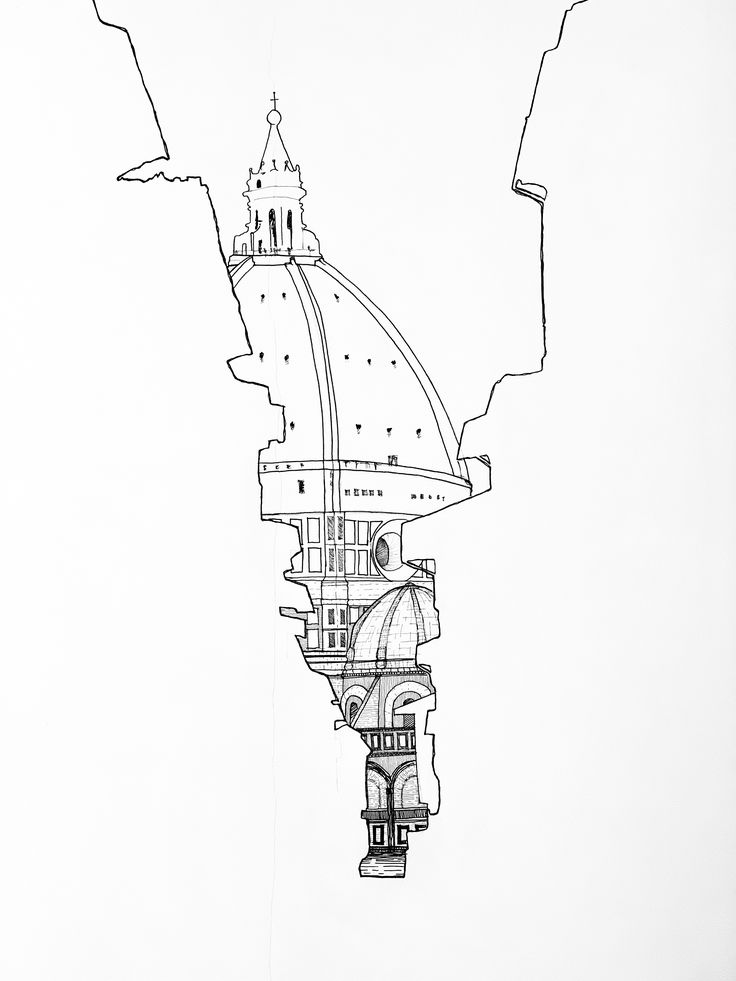 a black and white drawing of a tower with a clock on it's side