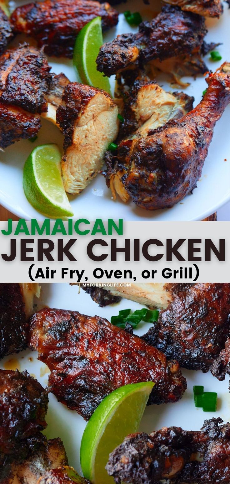 jamaican jerk chicken is served on a white plate with lime wedges