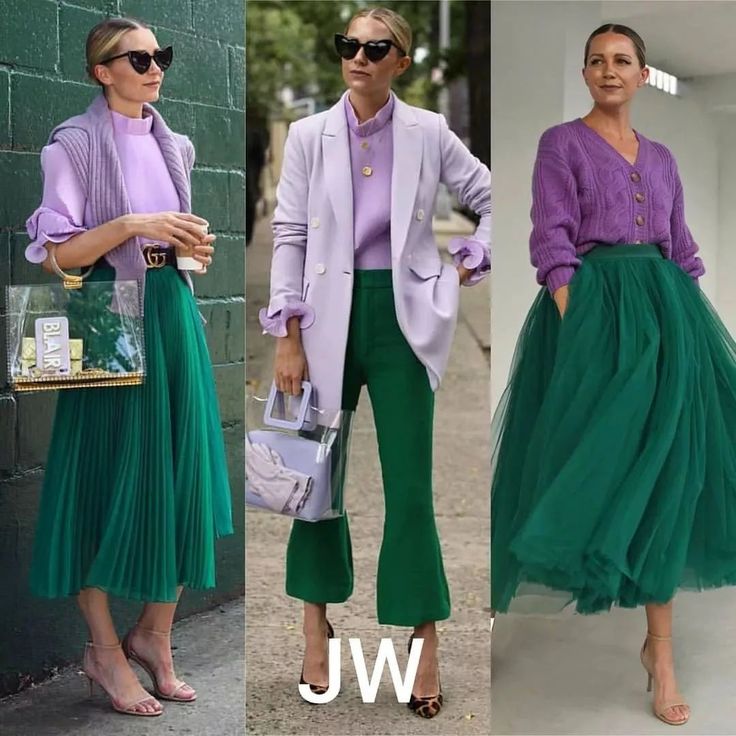 Purple Skirt Outfit, Purple Top Outfit, Green Skirt Outfits, Green Tulle Skirt, Classy Fashion Style, Tulle Skirts Outfit, Purple Blazer, Colour Combinations Fashion, Color Combos Outfit