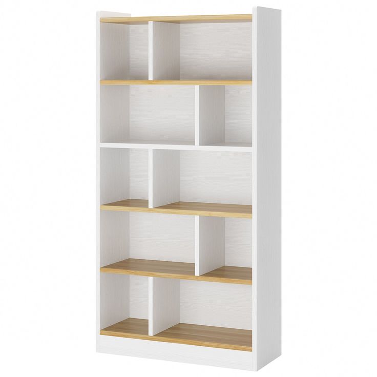 a white bookcase with wooden shelves on the top and bottom shelf is shown in front of a white background