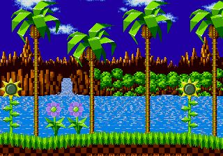 an old school video game with sonic the hedgehog and other characters in front of palm trees