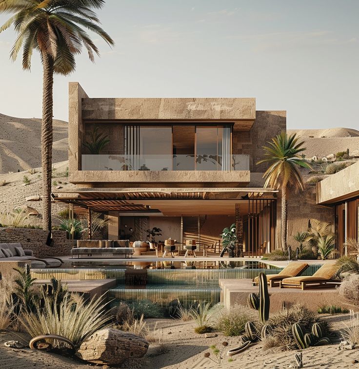 a desert house with a pool and palm trees in the foreground, surrounded by sand dunes