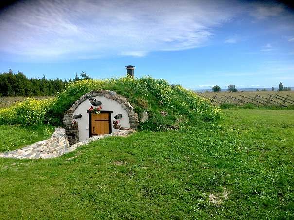 a small house made out of rocks and grass