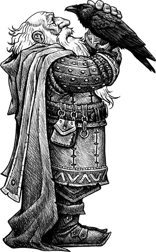 a black and white drawing of a man with a crow on his shoulder