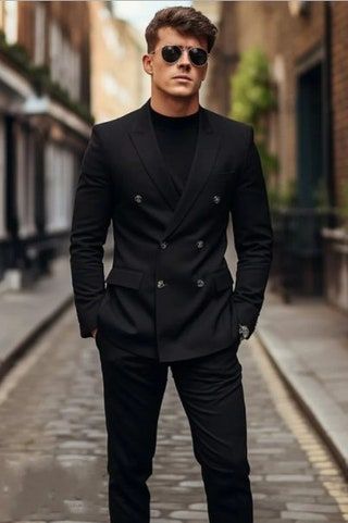 Black Suit Men Outfit Classy, Mens Tuxedo Photoshoot, Black Suit Double Breasted Men, Black Coat Outfit Men Formal, Double Breasted Suit Men Casual, Modern Suit For Men, Black Suit For Men Wedding, Black Double Breasted Blazer Outfit, Black Suit Men Casual