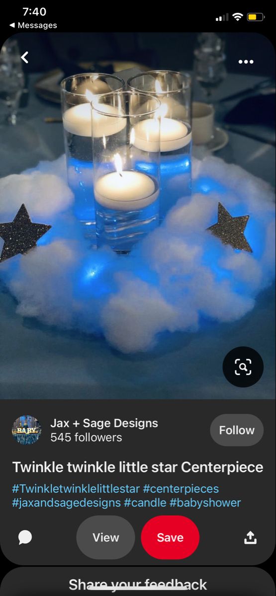 an image of candles in the clouds with stars on them and text that reads twinkle twinkle little star centerpiece