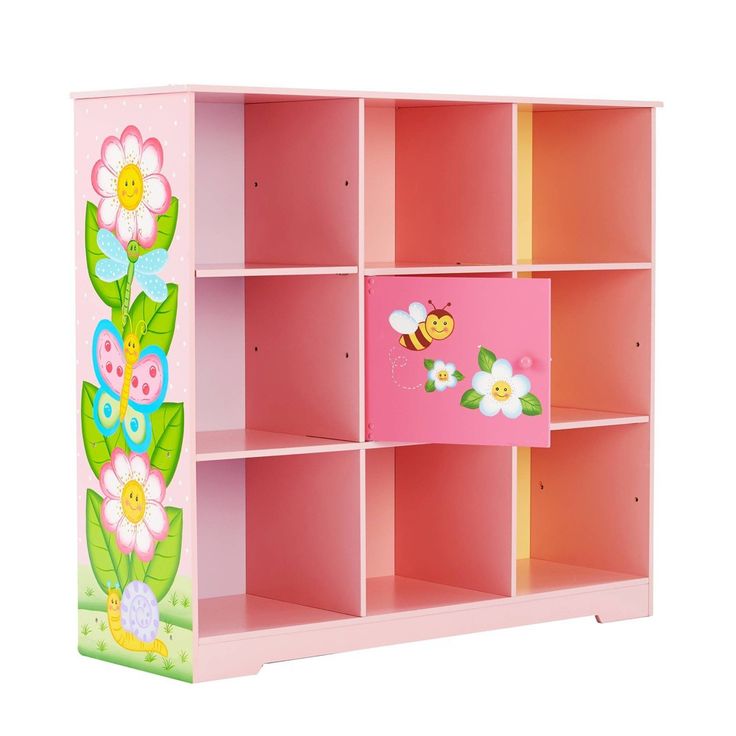 a pink bookcase with flowers and butterflies on the front, and text that reads fantasy fields magic garden cube bookshelf in pink