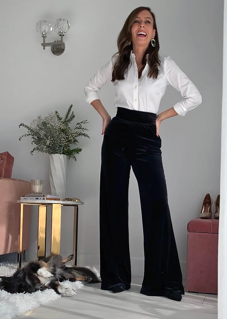 Velvet Pants - 6 Ways To Wear Velvet Pants For The Holidays| Sydne Style Velvet Pants Work Outfit, How To Style Velvet Flare Pants, How To Style Wide Leg Velvet Pants, Black Velvet Outfits For Women, Wide Leg Velour Pants Outfit, Blue Velvet Pants Outfit Winter, Velvet Trousers Outfit Party, Black Velvet Bell Bottoms Outfit, Velvet Pants Holiday Outfit